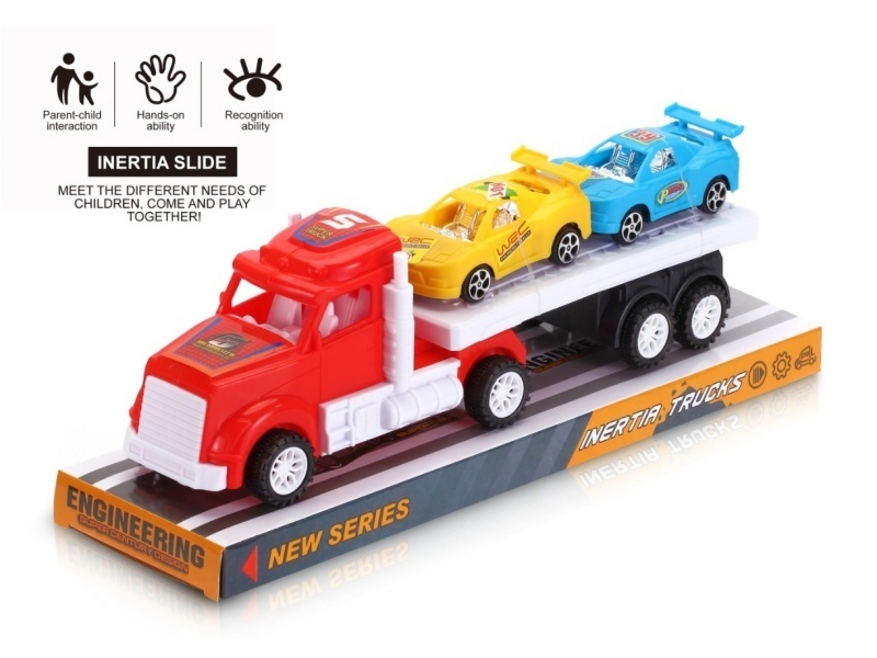 An Inertial American Tow Truck With Two Racing Cars