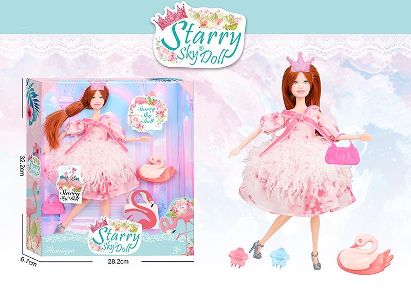 11.5 Inch 11-Joints Flamingo Series Fashion Doll With Crown, 2 Hair Clips, Flamingo Hair Clip, Handbag