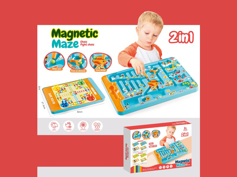 Children'S Transportation Vehicle Creative Magnetic Maze Ball Walking Challenge Toy + Flying Chess (2-In-1) (Magnetic + Flying Chess Version, Blue)