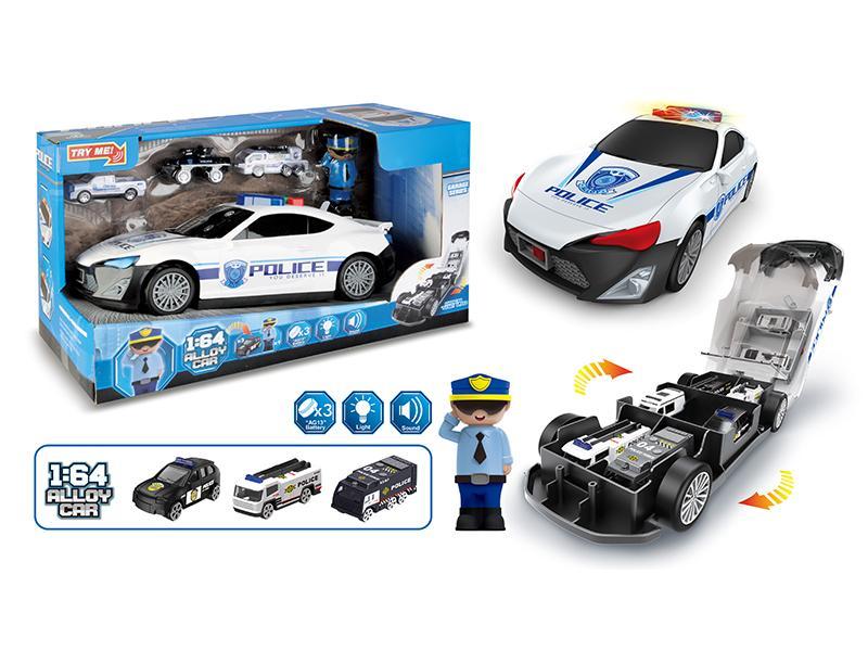 Alloy Storage Police Slide Car With Light And Music(With 1 Doll +3  Car)