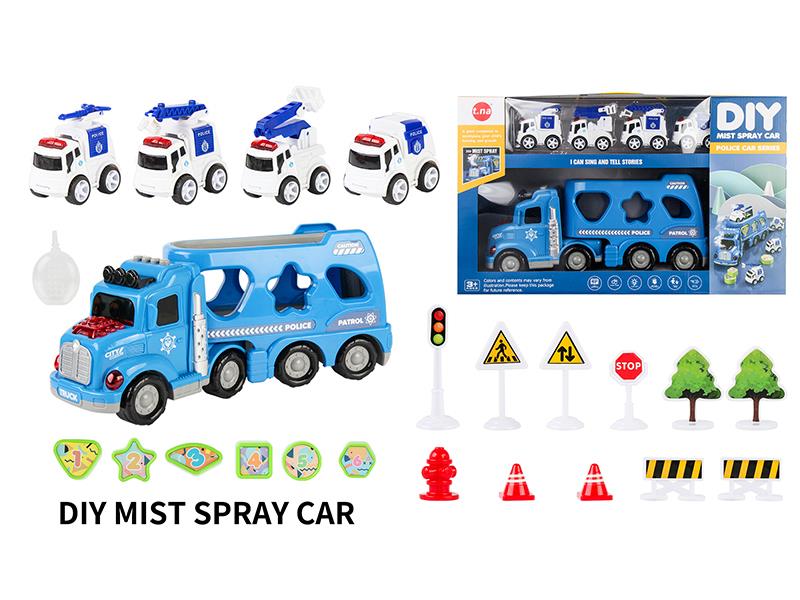 Cartoon Mist Spray Music Container Car With Friction Police Car Series