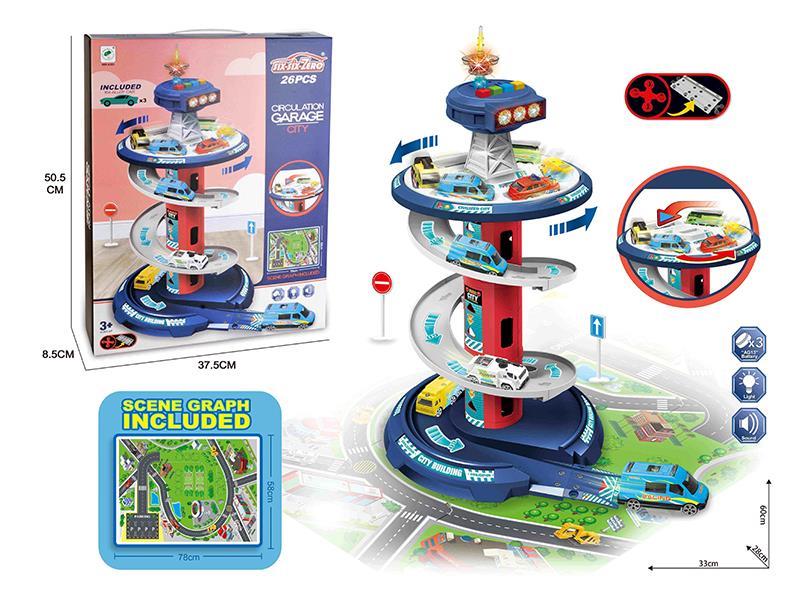 Multi-Functional City Parking Lot With Lights And Music(With 3 Alloy Cars, 1 Lighthouse, Guidepost, Map)26PCS