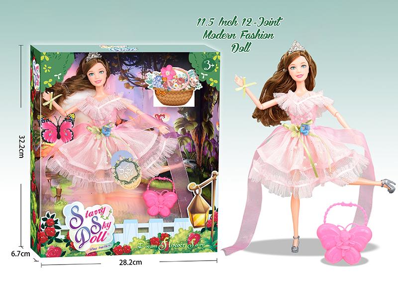 11.5 Inch 12-Joint Modern Fashion Doll With Butterfly Handbag, Crown, Hair Elastic, Butterfly