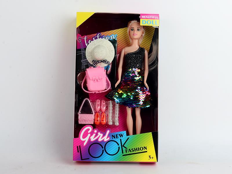 11 Inch Solid Beaded Fashion Doll With Straw Hat Bag Shoes Handbag