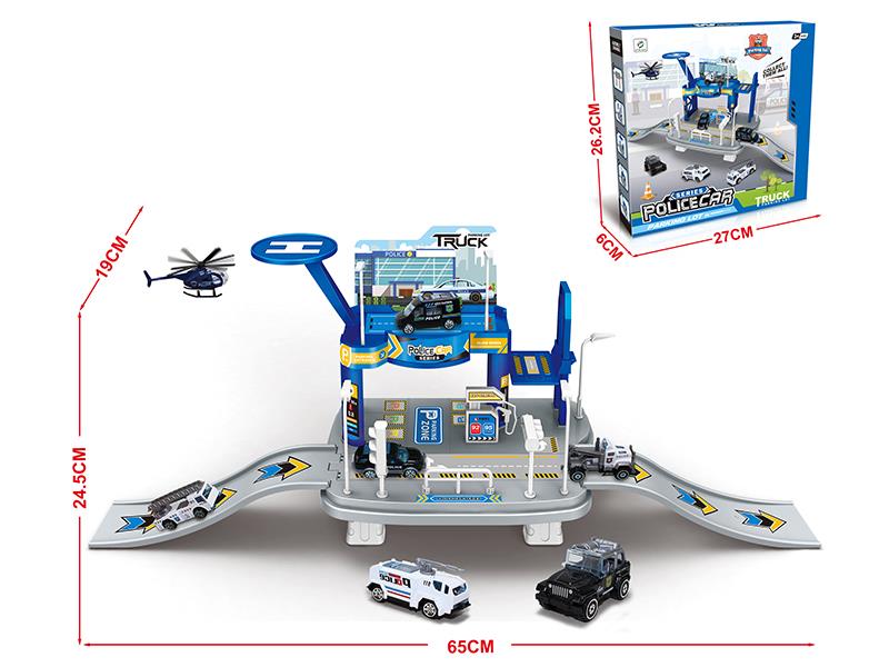 Police Series Track Parking Lot With 1 Helicopter And 2 Alloy Cars