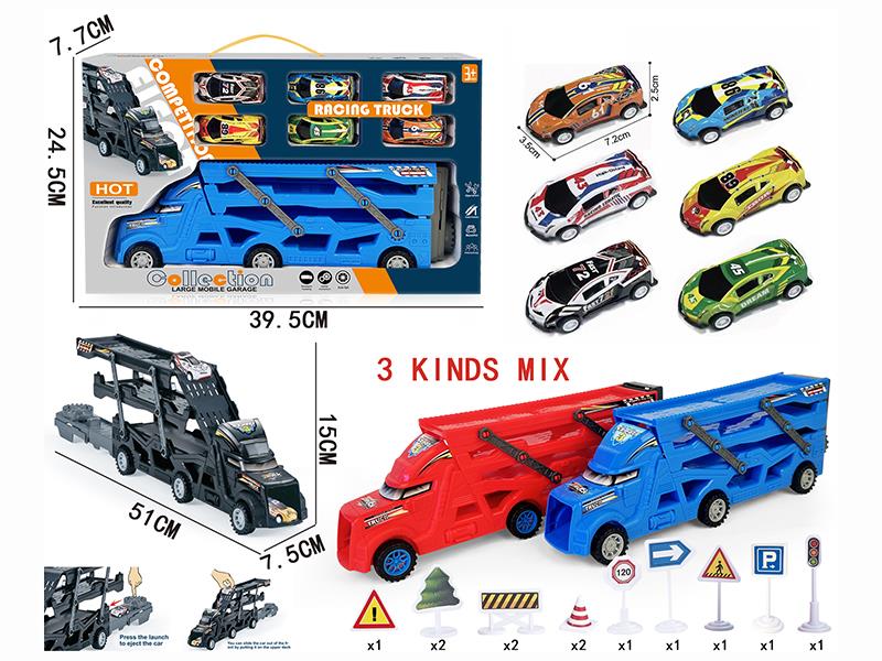 Three-Decker Folding Ejection Container Truck + 12PCS Guidepost + 6PCS 7.2CM Pull Back Iron Racing Cars