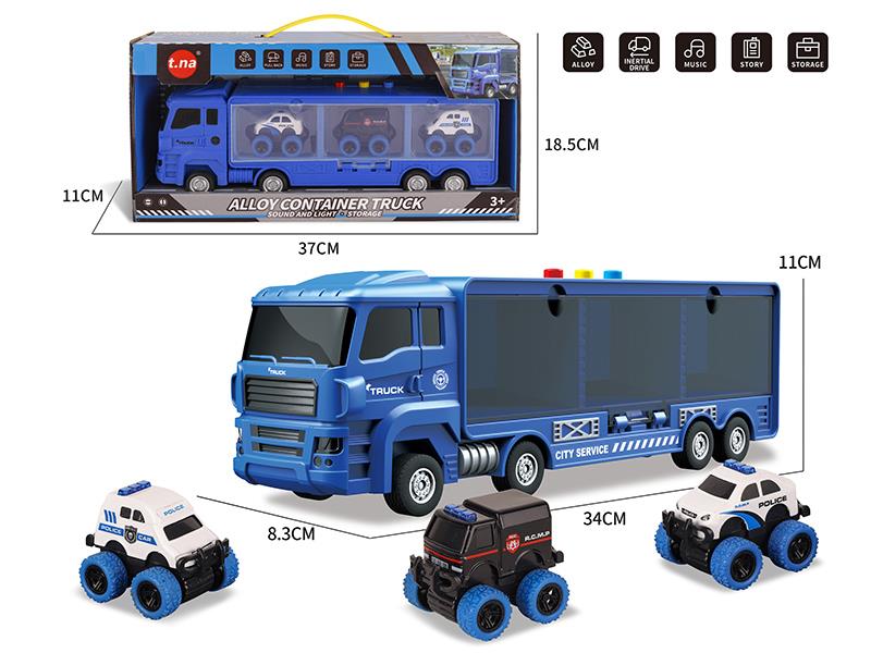 Slide Storage Container Truck With Sound And Light + 3 Pull Back Alloy Off-Road Police Cars