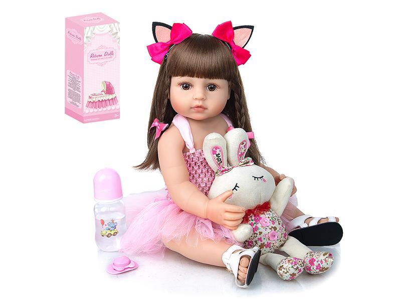 55CM Soft Plastic Reborn Doll  (Wig Sheath) With Bottle,Magnetic Pacifier,Diaper,Birth Card,Sandals,Rabbit