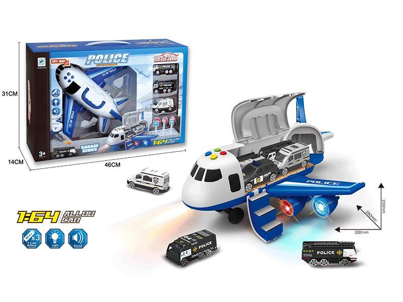 Friction Deformation Police Storage Airplane With Light And Music(With 3 Alloy Car + 1  Guidepost)