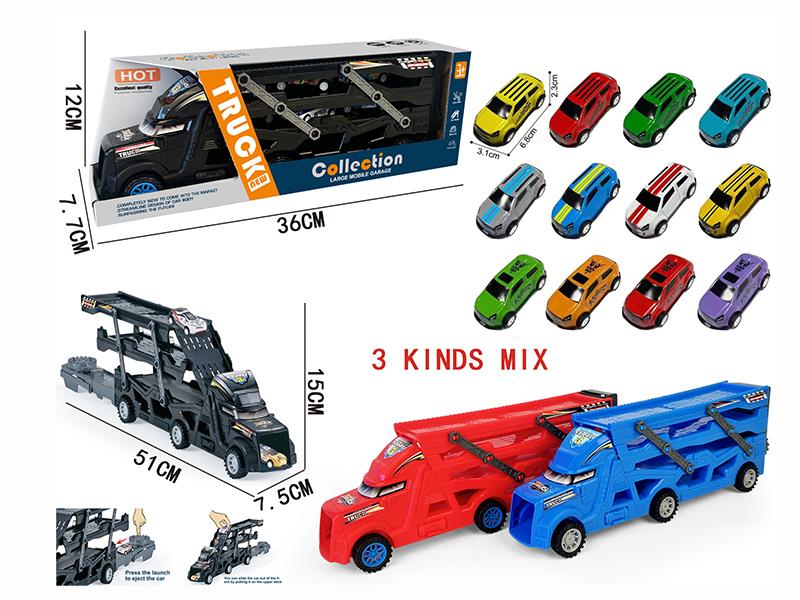 Three-Decker Folding Ejection Container Truck + 3PCS 6.8CM Pull Back Iron Cars