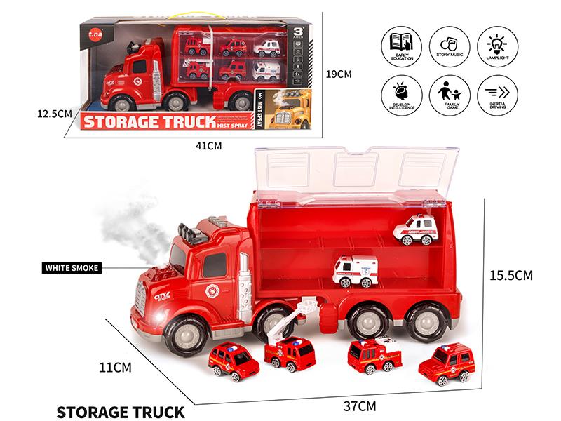 Storage Container Truck(With Sound And Light,Spray) + 6 Pull Back Alloy Fire Engine