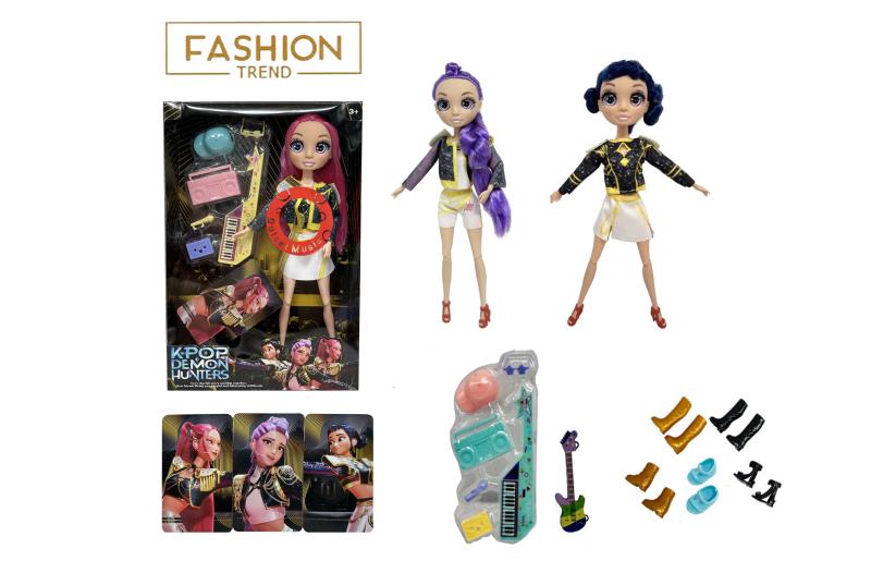12-Inch 12-Joint Real Glass Eyeball Surprise Hunter Girl Group Doll With Guitar Theme Set, One Gold Fox Card.
