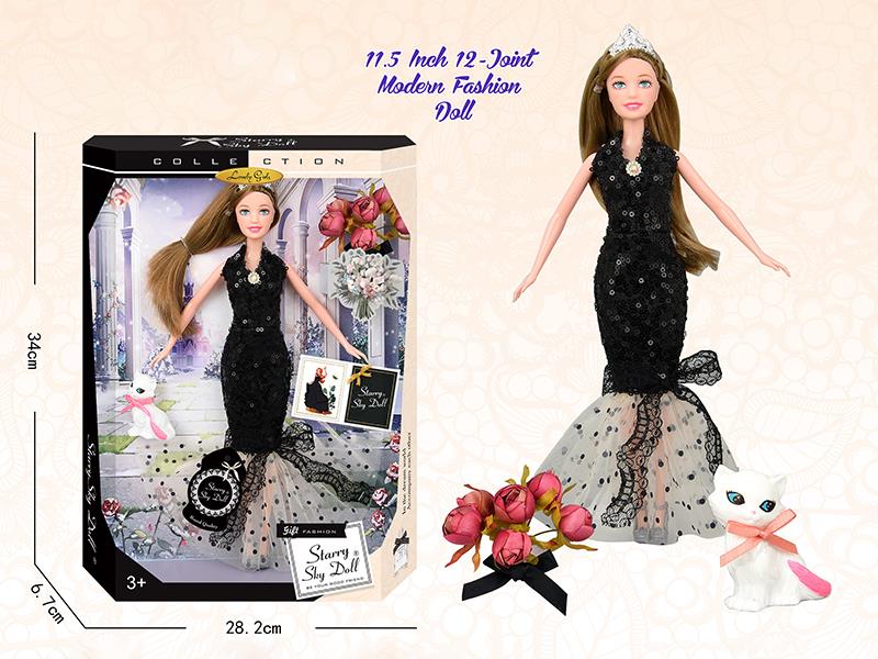 11.5 Inch Modern Fashion Doll With Bouquet, Crown, Pet Cat, Wish Card