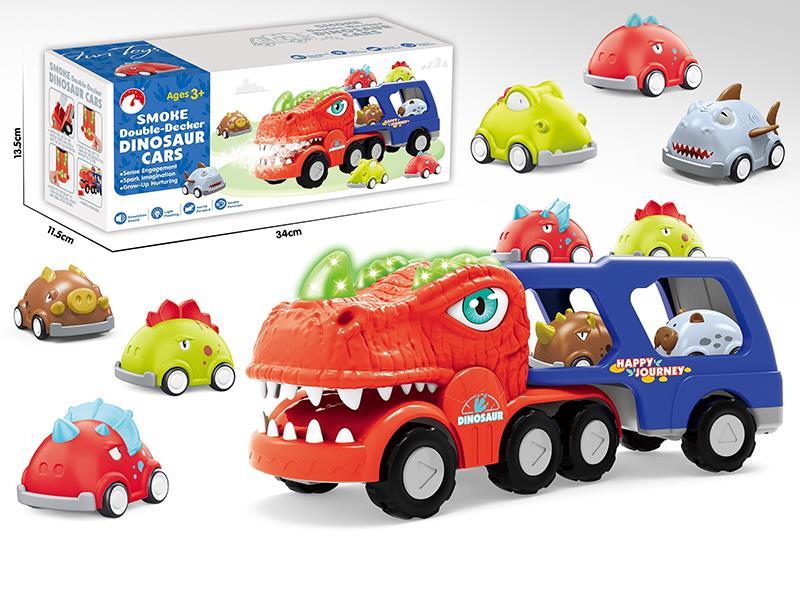 Tyrannosaurus Rex Friction Spray Truck With Sounds And Light + 8 Pull Back Dinosaur Cars