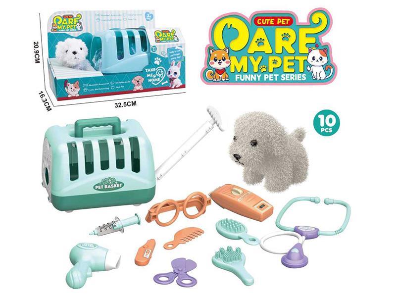 Plush Pet Dog + Barber Set + Medical Set + Pet Basket