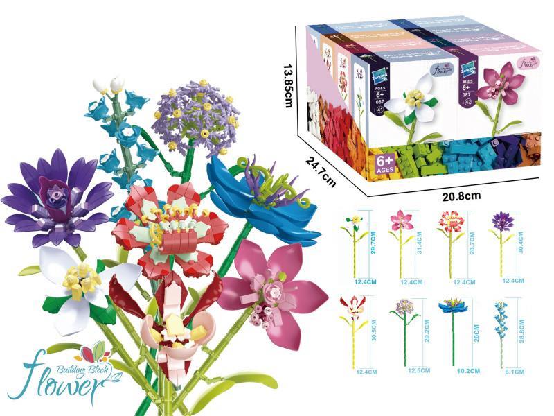 8-In-1 Flower Bouquet Building Blocks: Longevity Grass, Myrtle, Polyphylla, Shell Flower, Beauty Flower Horn, Paphiopedilum, Beauty Cherry, Black Seed Grass, And Delphinium, 256 Pieces