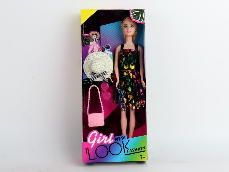 11 Inch Solid Fashion Doll With Straw Hat Long Shoulder Bag Sunglasses