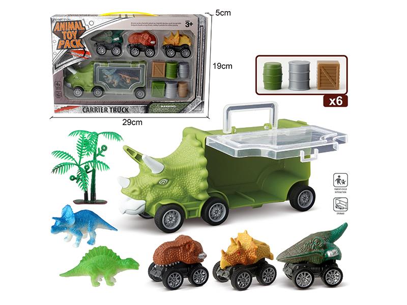 Slide Triceratops Storage Car + 3 Dinosaur Cars + 2 Dinosaurs + 1 Tree + 6 Accessories