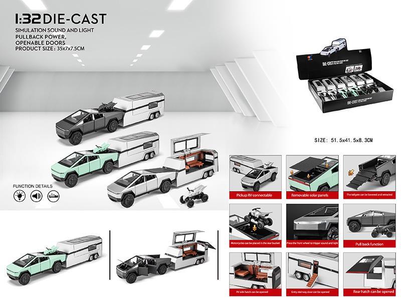 1:32 Pull Back Alloy Tesla Pickup Truck With  Touring Car, Alloy Motorcycle 6PCS