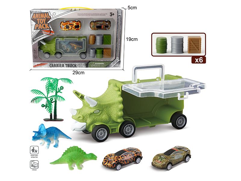 Slide Triceratops Storage Car + 2 Iron Cars + 2 Dinosaurs + 1 Tree + 6 Accessories