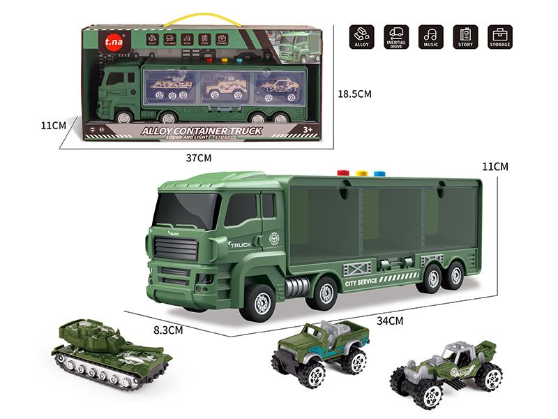 Slide Storage Container Truck With Sound And Light + 3 Slide Alloy Military Trucks