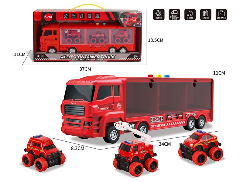 Slide Fire Control Container Car With Sound And Light + 3 Alloy Pull Back Off-Road Vehicles