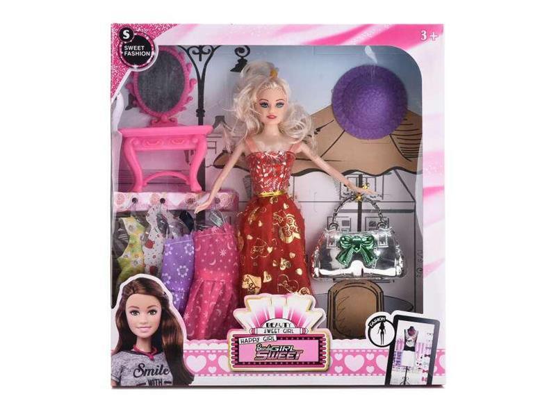 11.5-Inch Solid 6-Joint Doll With Large Dressing Mirror, Hat, Gilded Bag, And 4 Clothes