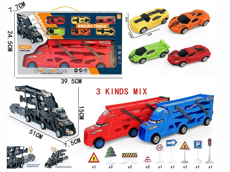 Three-Decker Folding Ejection Container Truck + 12 Guidepost + 6 Pull Back Racing Cars