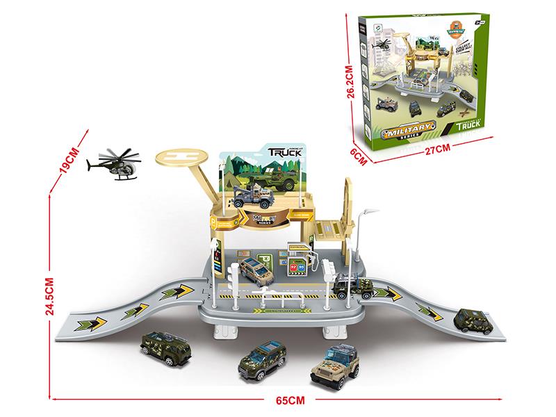 Military Series Track Parking Lot With 1 Helicopter And 2 Alloy Cars