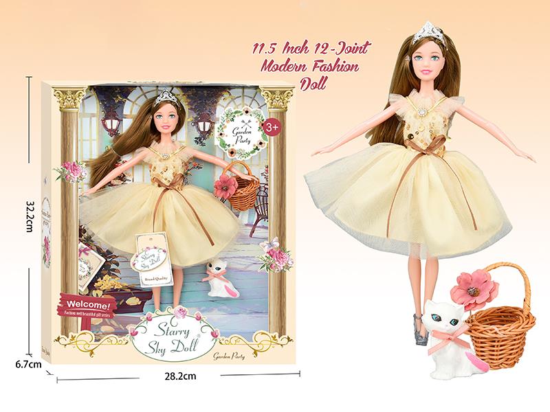 11.5 Inch Modern Fashion Doll With Flower Basket, Crown, Pet Cat, Wish Card