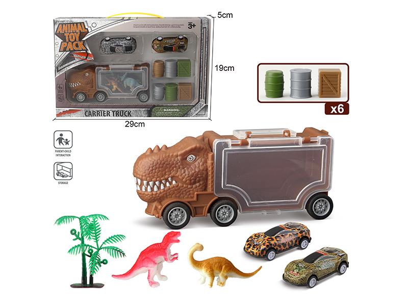 Slide Tyrannosaurus Rex Storage Car + 2 Iron Cars + 2 Dinosaurs + 1 Tree + 6 Accessories