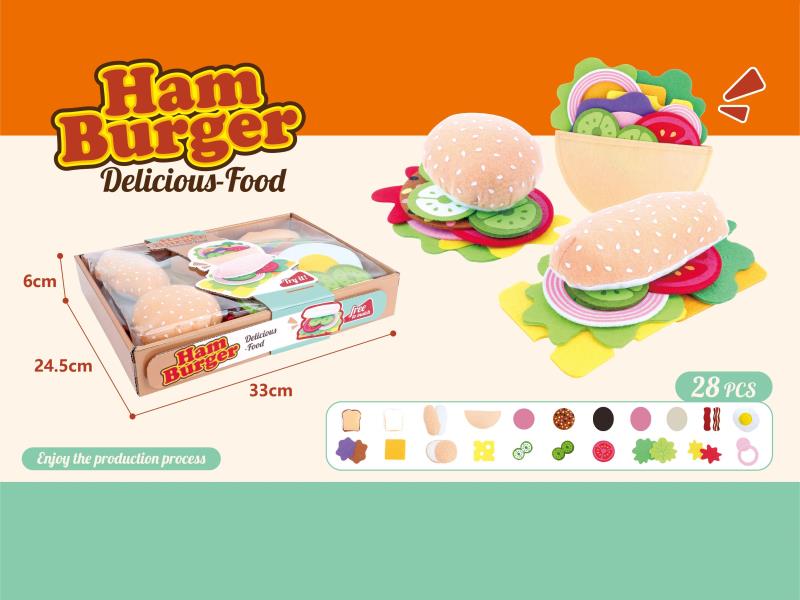 Play House, Plush Felt, Food, Hamburger, Sandwich, Bread, Fruit Salad, Hot Dog, Ham (28PCS)