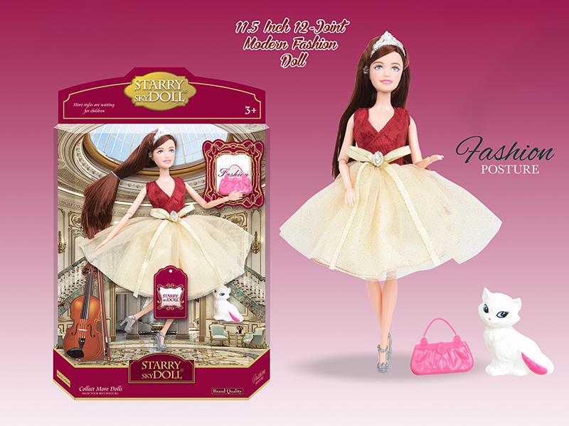 11.5 Inch 12-Joint Modern Fashion Doll With Handbag, Crown, Cat