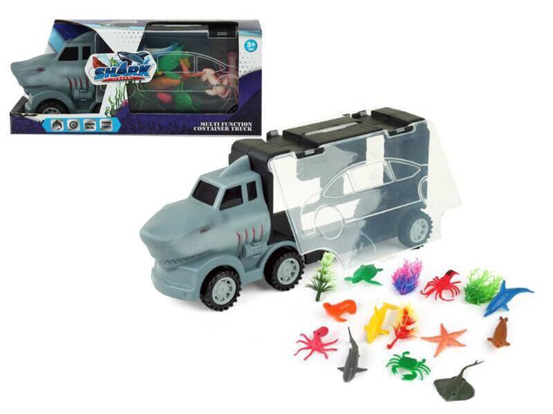 Silde Shark Storage Container Truck + 12 Solid Sea Animals + 4 Grass