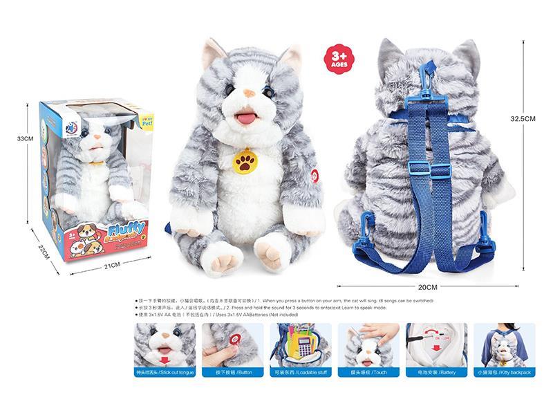 Smart Plush Tongue-Licking Grey Cat Backpack