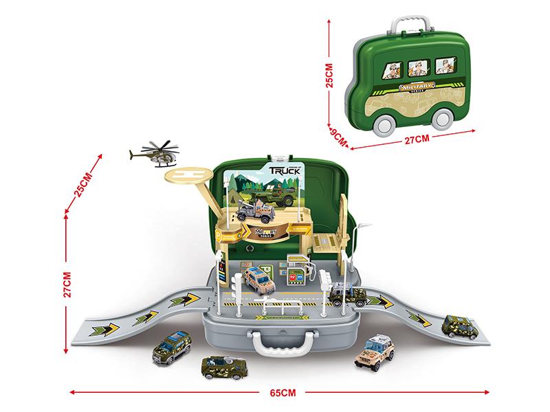 Storage Suitcase Military Series Track Parking Lot With 1 Helicopter And 2 Alloy Cars
