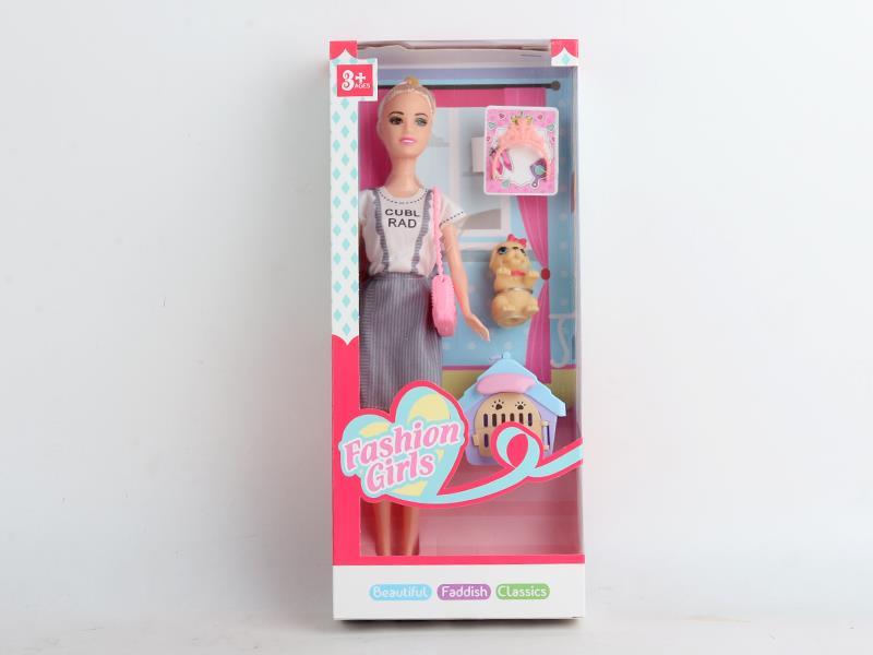 11 Inch Solid Fashion Doll With Long Shoulder Bag Hair Band Pet Dog Cage