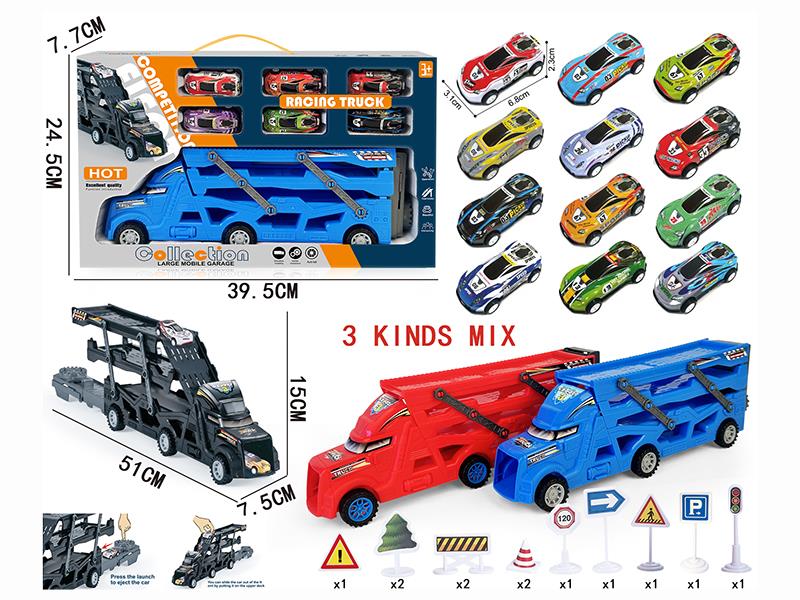 Three-Decker Folding Ejection Container Truck + 12PCS Guidepost + 6PCS 6.8CM Pull Back Graffiti Cars