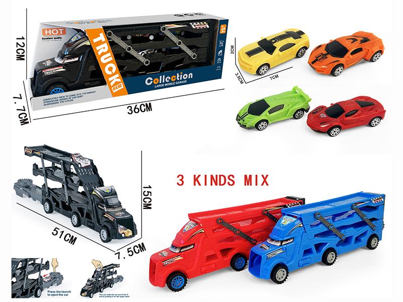 Three-Decker Folding Ejection Container Truck + 3 Pull Back Racing Cars