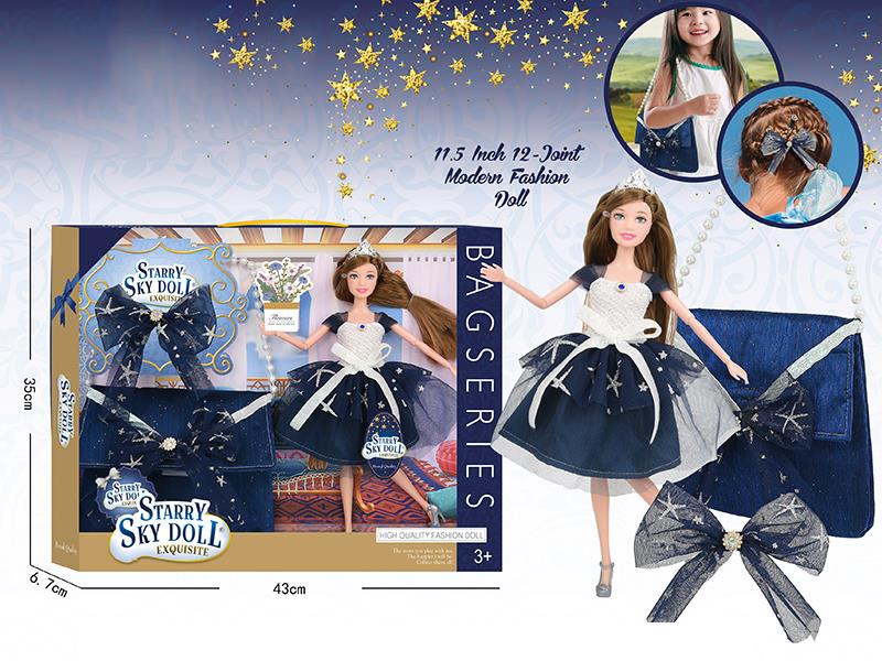 11.5 Inch 12-Joint Doll With Bow Hair Clip, Handbag, Crown