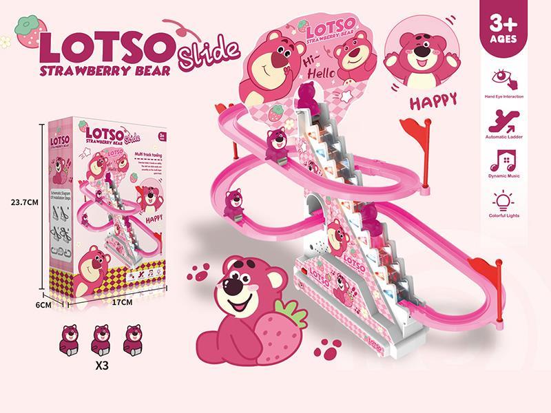 Lotso Strawberry Bear Climbing Stairs Electric Slide Track Toy With Lights And Music(3 Strawberry Bears)