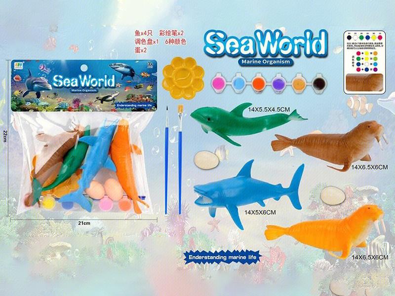 Ocean World DIY Colored Drawing Series(4 Sea Animals,2 Paint Brush,1 Palette,6 Colors, 2 Eggs)