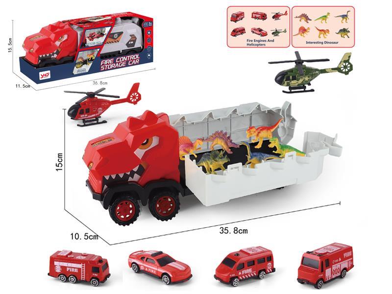 Slide Fire Fighting Storage Dinosaur Car With 4 Cars, 2 Planes + 6 Small Dinosaurs