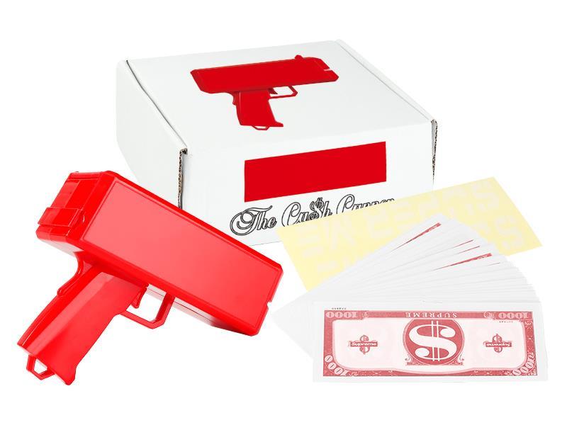 Red Cash Cannon Money Gun + 100 Red Banknotes+Stickers
