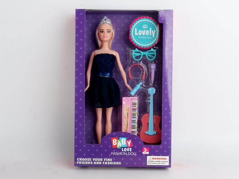 11 Inch Solid Fashion Doll With Crown, Guitar, Electronic Organ, Microphone, Earphone And Glasses