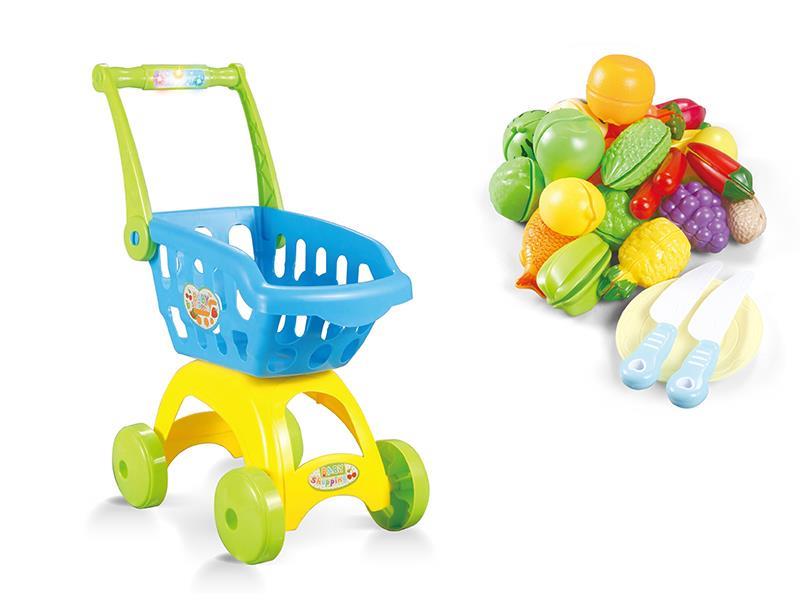 Blue shopping cart With Sound And Lights + Cutting Fruits Set