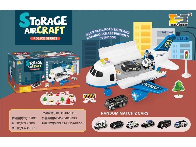 Miniature deformation storage inertial aircraft with simulated sound effects and colorful lights - Police (equipped with 2 police alloy vehicles +12 roadblocks)