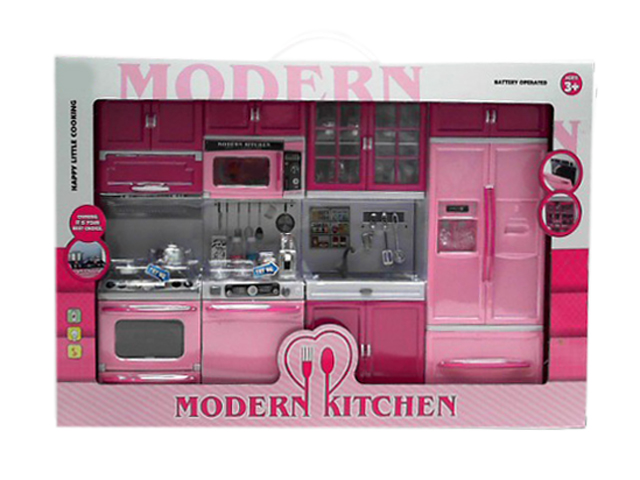 Pink Non-transparent Kitchen Combination With Light And Sound