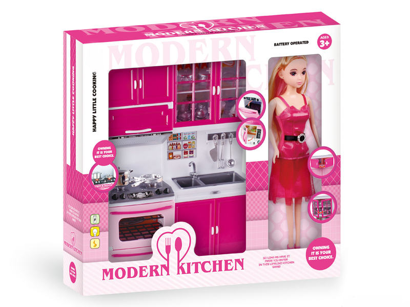 Pink Non-transparent Kitchen Combination + Barbie Doll