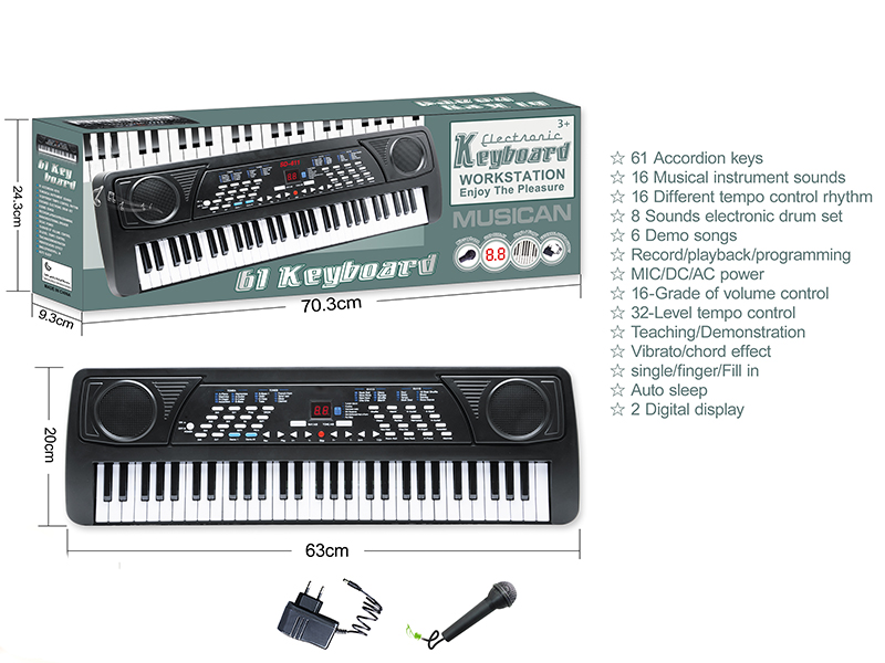 61 Keys Multifunctional Electronic Organ With Adapter, 2-Bit Nixie Display , Microphone